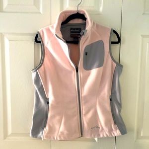 Eddie Bauer pink fleece vest with gray side panels and zipper pocket, size L